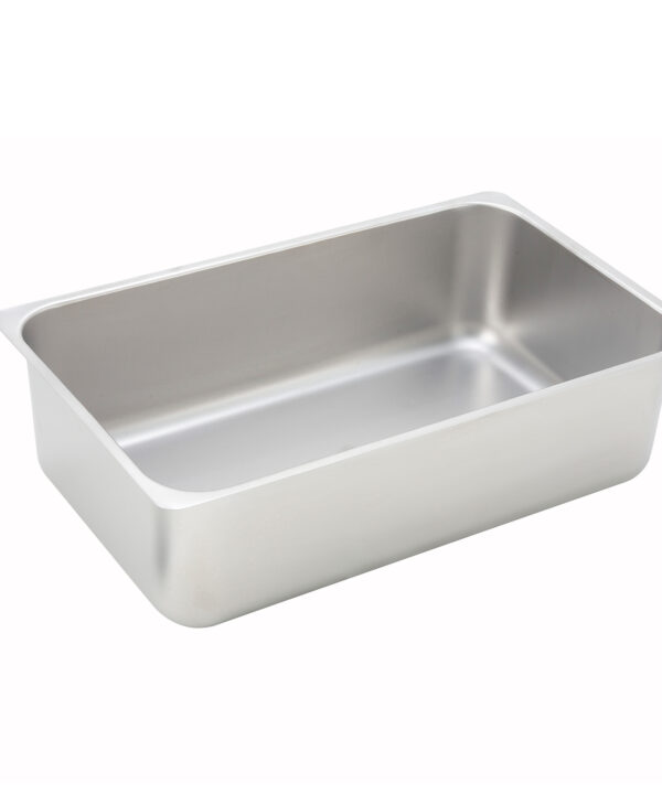 Winco C-WPP full-size stainless steel spillage pan, 6 inch deep, flat edge, top angle view