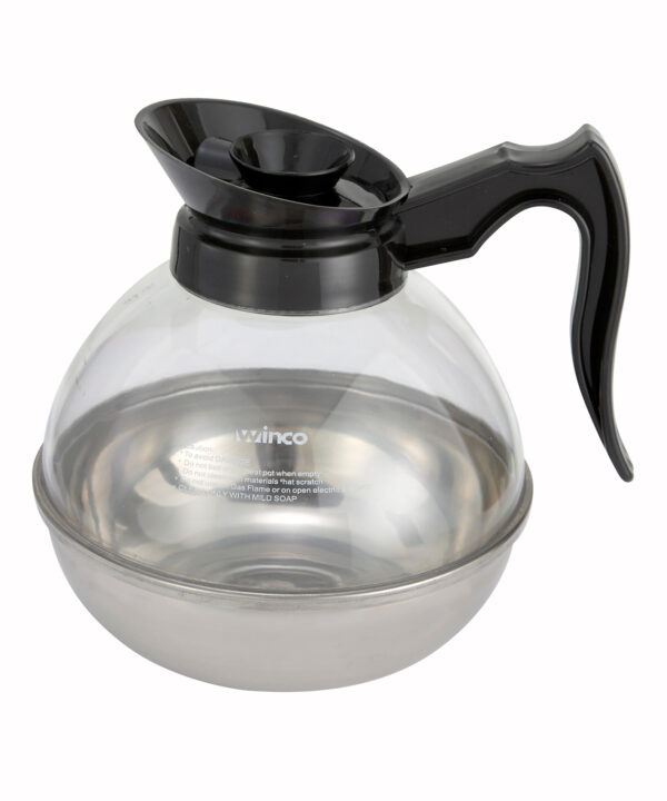 Winco CD-64K 64 oz. coffee decanter in clear polycarbonate with stainless steel base and black handle, front view