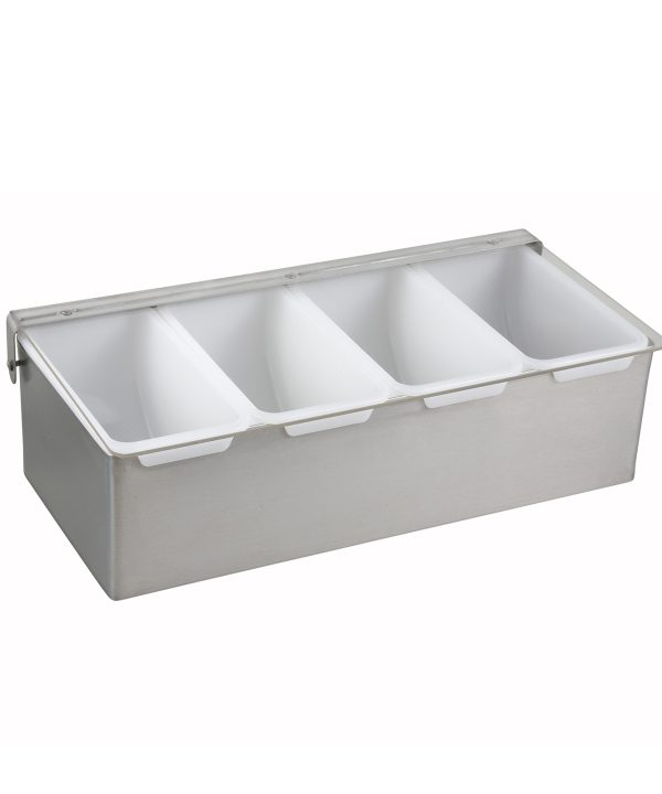 Winco CDP-4 4-compartment condiment caddy in satin-finish stainless steel, front view