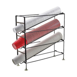 Winco CDR-3 3-tier cup dispensing rack in black steel wire, front view