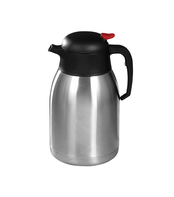 Winco CF-2.0 2-liter insulated coffee carafe in stainless steel, front view