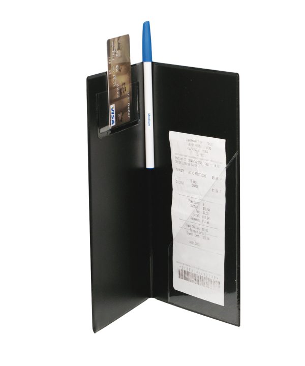 Winco CHK-1K guest check presenter in black plastic, folding front view
