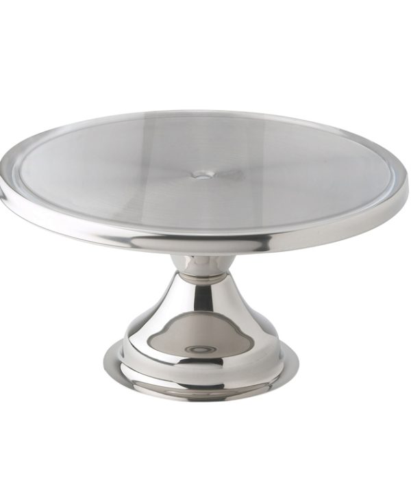 Winco CKS-13 round cake stand in mirror-finish stainless steel, front view