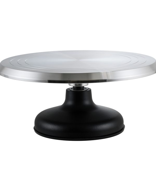 Winco CKSR-12 revolving cake decorating stand in silver, aluminum top with cast iron base, angled view