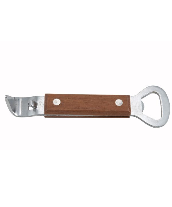 Winco CO-303 can tapper and bottle opener in stainless steel with wood handle, side view