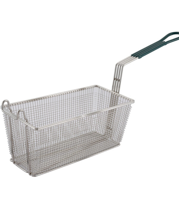 Winco FB-30 nickel-plated fry basket with green plastic-coated handle, side view
