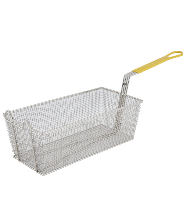 Winco FB-40 rectangular fry basket in nickel-plated steel with yellow handle, side view