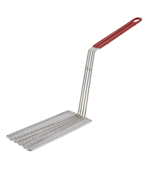 Winco FB-PB rectangular fry basket press in nickel-plated wire with red coated handle, top view
