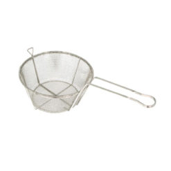 Winco FBRS-9 round mesh wire fry basket in nickel-plated steel, side view