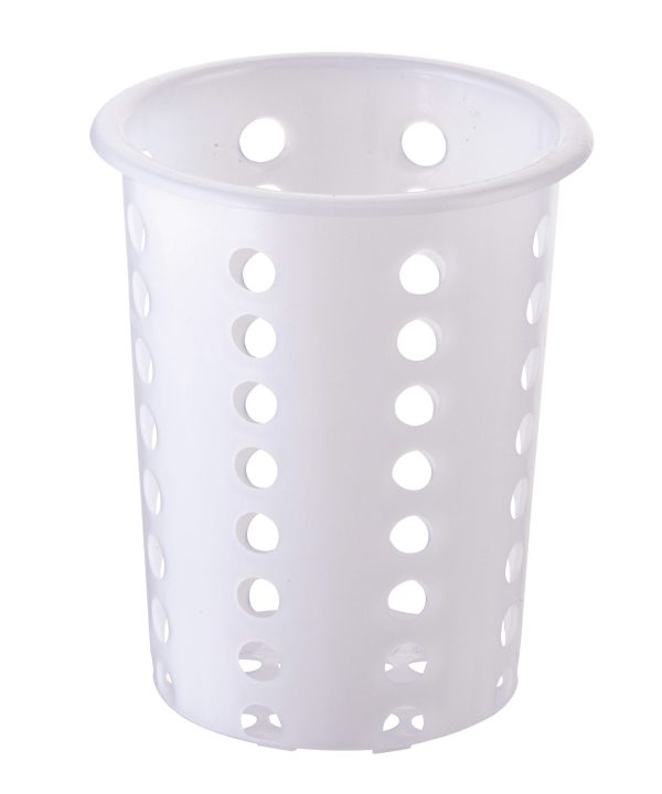 Winco FC-PL perforated plastic flatware cylinder in white, side view