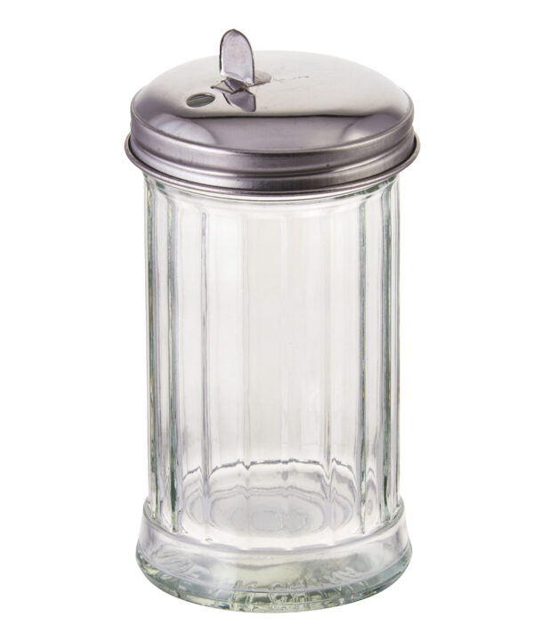 Winco G-102 glass sugar pourer in clear fluted glass with stainless steel flap top, front view