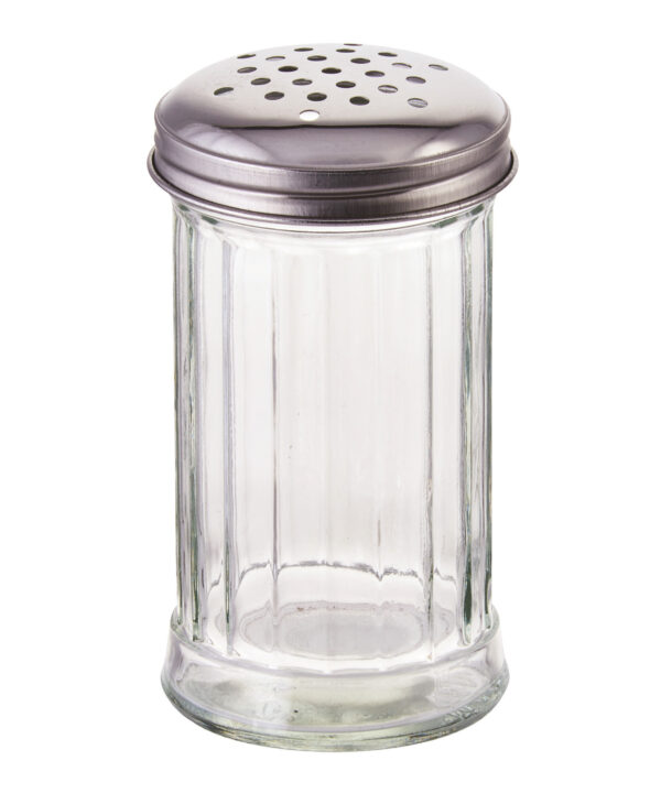 Winco G-103 12 oz glass sugar pourer in clear glass with perforated stainless steel top, front view