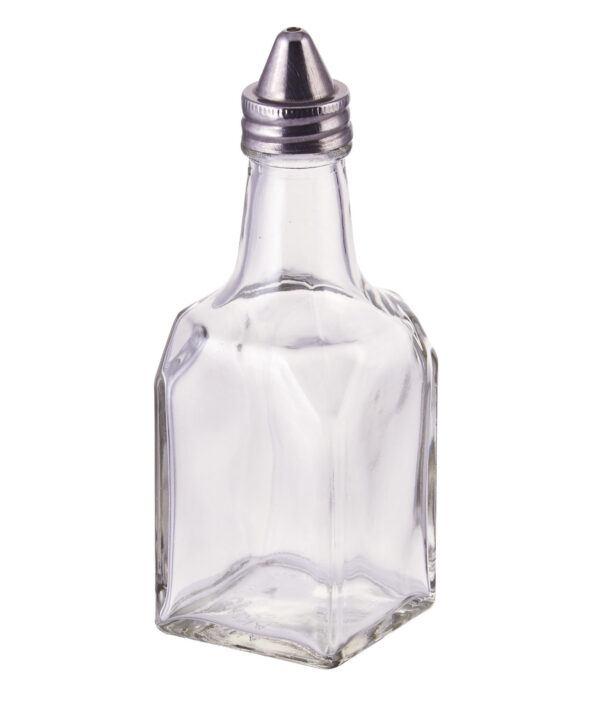 Winco G-104 6 oz oil and vinegar cruet in clear square glass with stainless steel cone top, front view