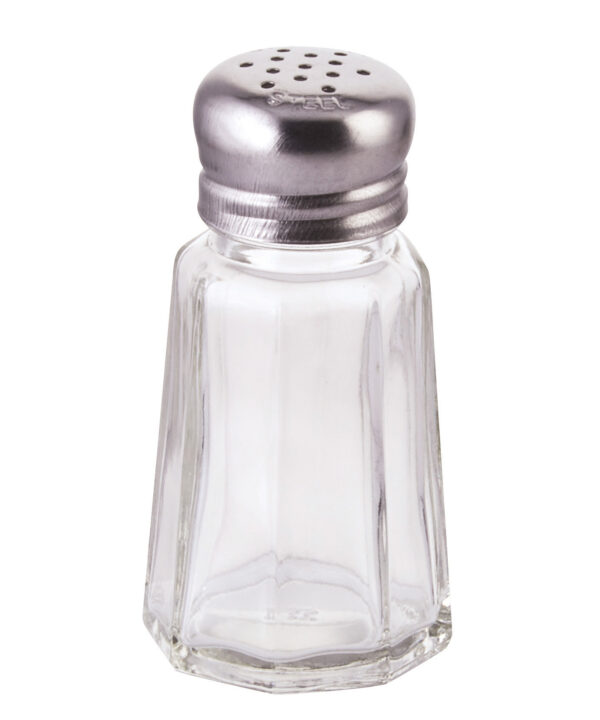 Winco G-105 paneled glass spice shaker in clear glass with stainless steel mushroom top, front view