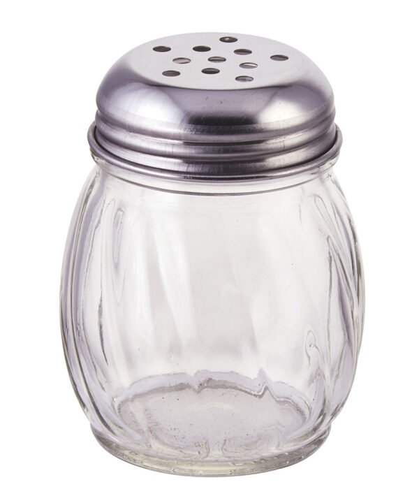 Winco G-107 glass cheese shaker in clear glass with perforated chrome top, front view