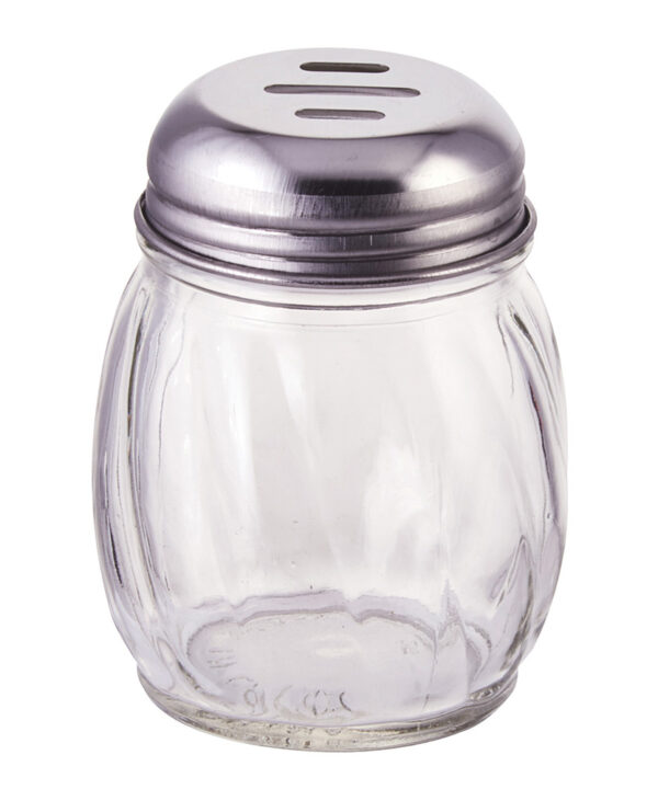 Winco G-108 glass cheese shaker in clear waved glass with slotted chrome top, front view