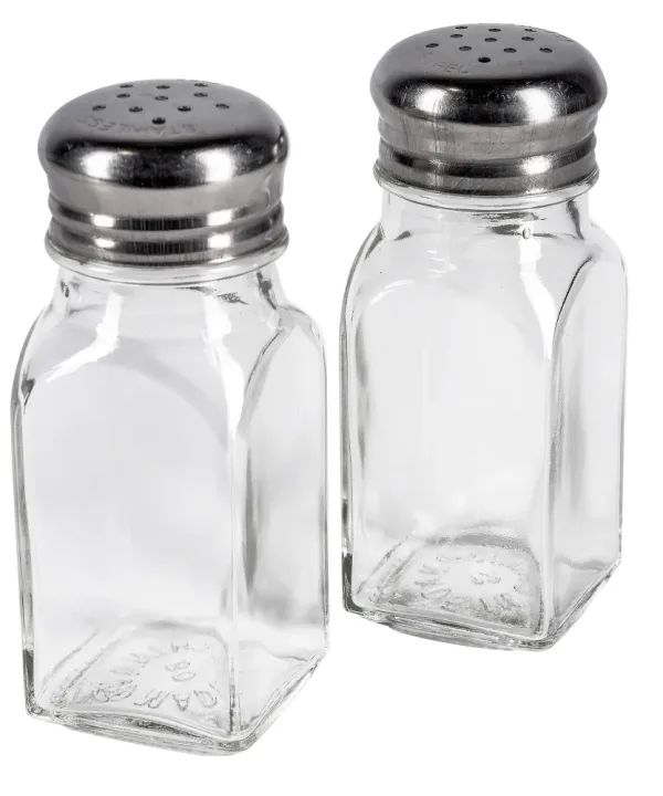 Winco G-109 square glass salt and pepper shaker with stainless steel mushroom top, front view