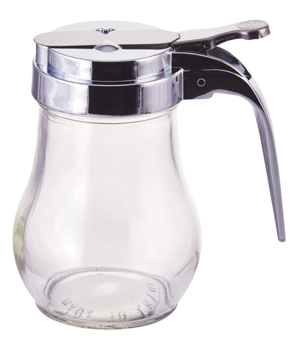 Winco G-115 glass syrup dispenser in clear glass with chrome-plated lid, front view