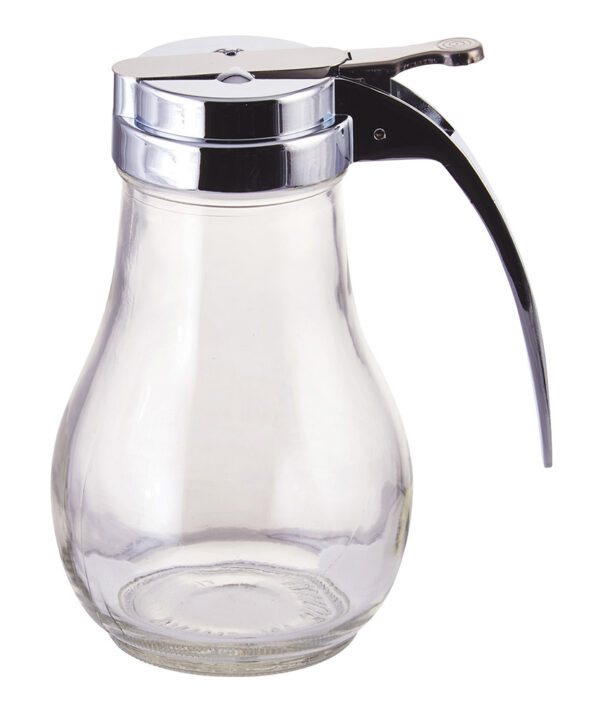 Winco G-116 14 oz glass syrup dispenser in clear glass with chrome-plated alloy lid, front view