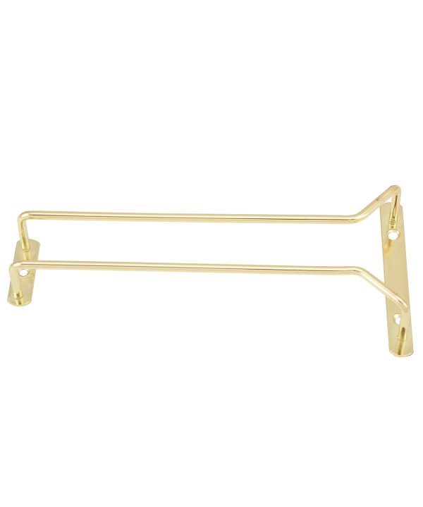 Winco GH-10 wire glass hanger rack in brass-plated finish, angled view