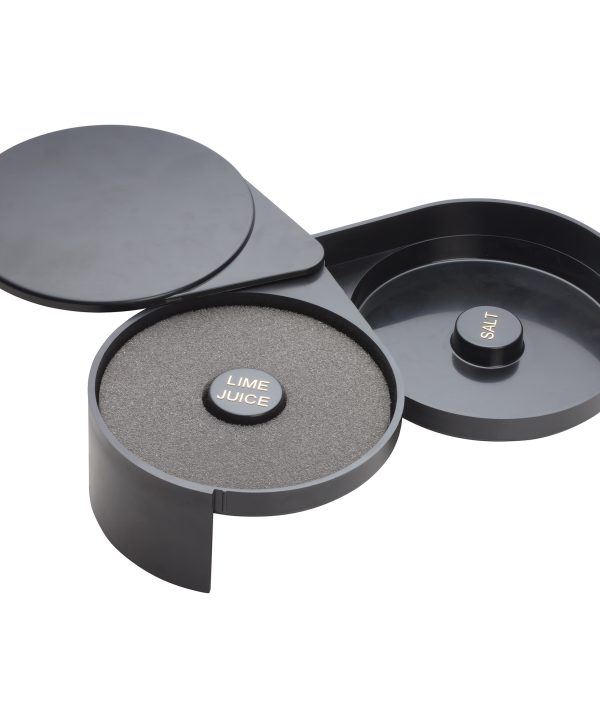 Winco GR-2 2-tier glass rimmer in black, front view with sponge