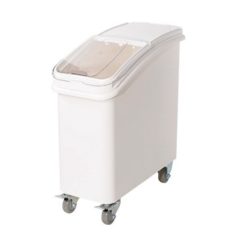 Winco IB-21 mobile ingredient bin in white with clear lid and casters, front view