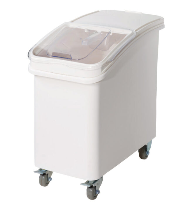 Winco IB-27 27-gallon mobile ingredient bin in white plastic with clear sliding lid and casters, front view