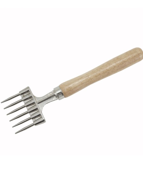 Winco ICH-9 6-prong ice chipper with nickeled steel head and wood handle, side view