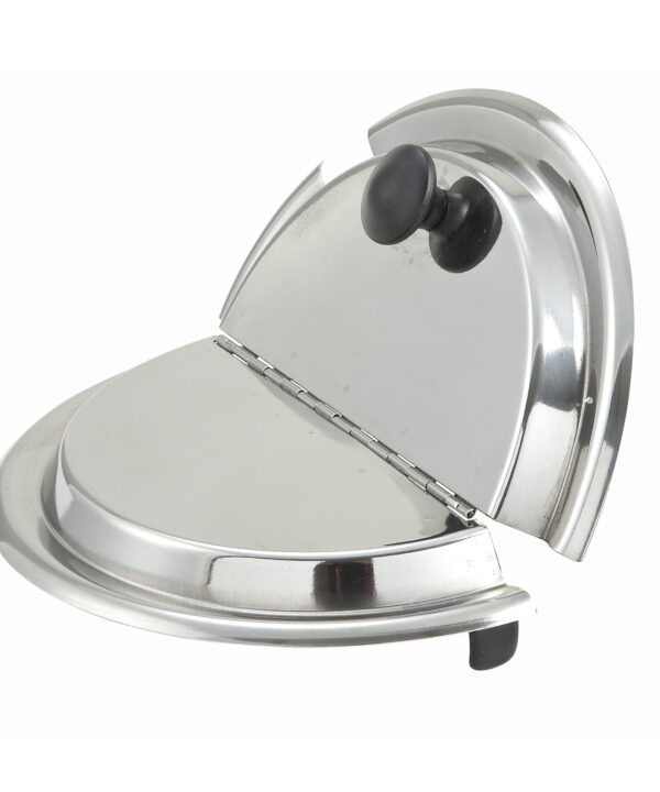 Winco INSH-7 hinged inset cover in stainless steel, round 10 inch lid, top view