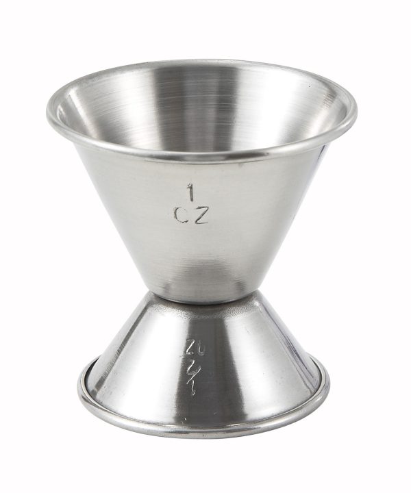 Winco J-1 double cocktail jigger in stainless steel, 1/2 oz and 1 oz sides, angled view