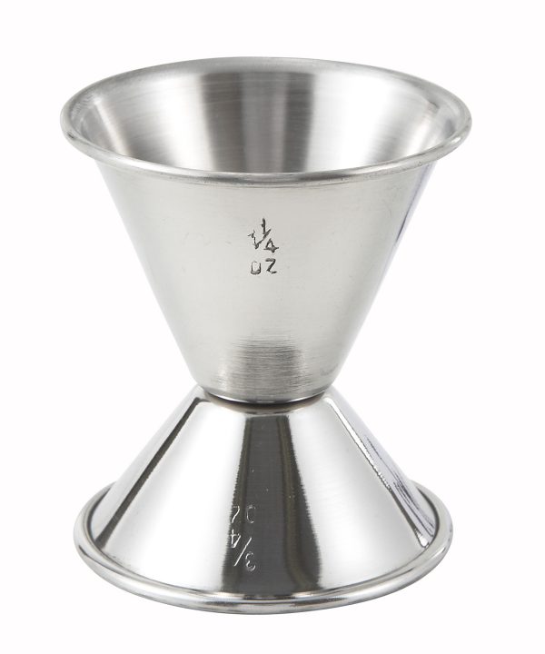 Winco J-2 stainless steel double cocktail jigger in silver, standing upright