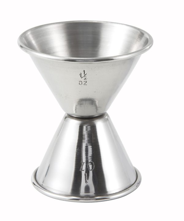 Winco J-4 stainless steel double jigger in silver, 1 oz and 1-1/2 oz, side view