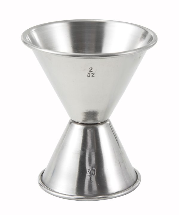 Winco J-5 double jigger in stainless steel, 1 oz and 2 oz double-sided, side view