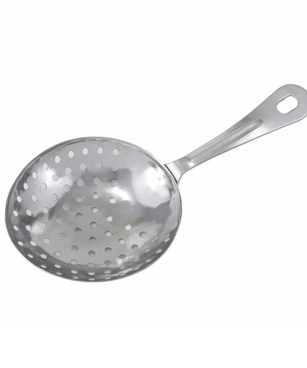 Winco JST-1 julep strainer in stainless steel, perforated bowl, top view