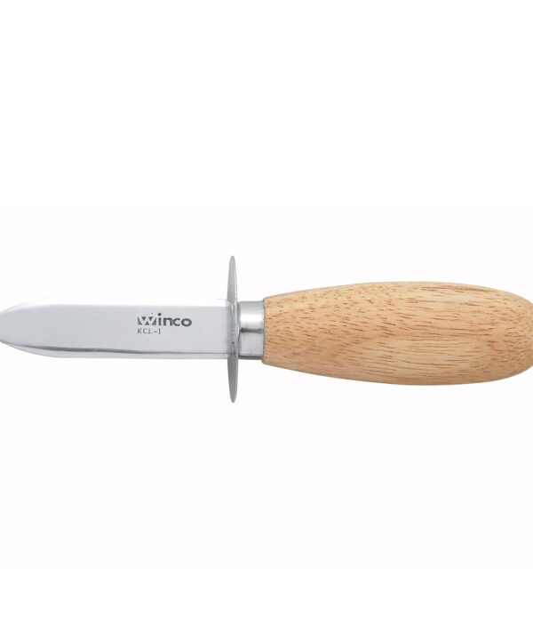 Winco KCL-1 oyster/clam knife with stainless steel blade and wooden handle, side view