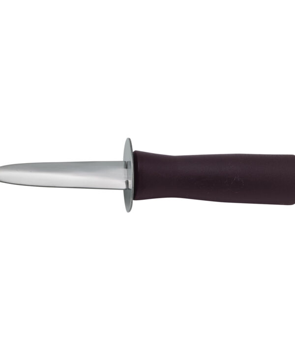 Winco KCL-5P oyster and clam knife with 3 inch stainless steel blade and black plastic handle, side view