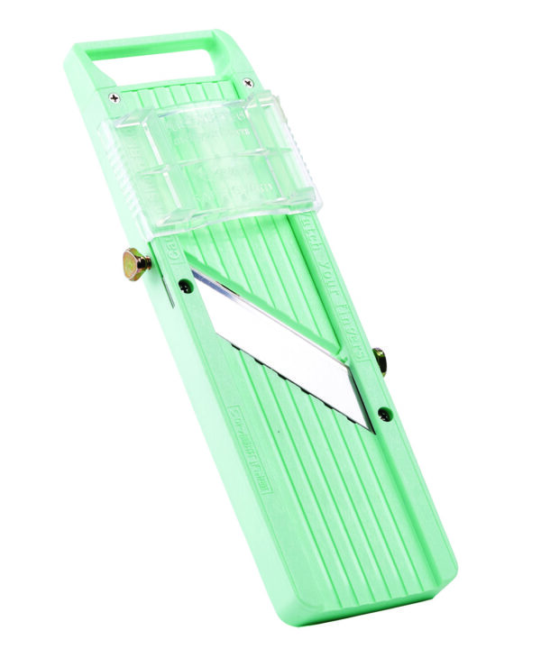 Winco MDL-5P Japanese mandoline slicer set in green plastic with stainless steel blades and hand guard, product view