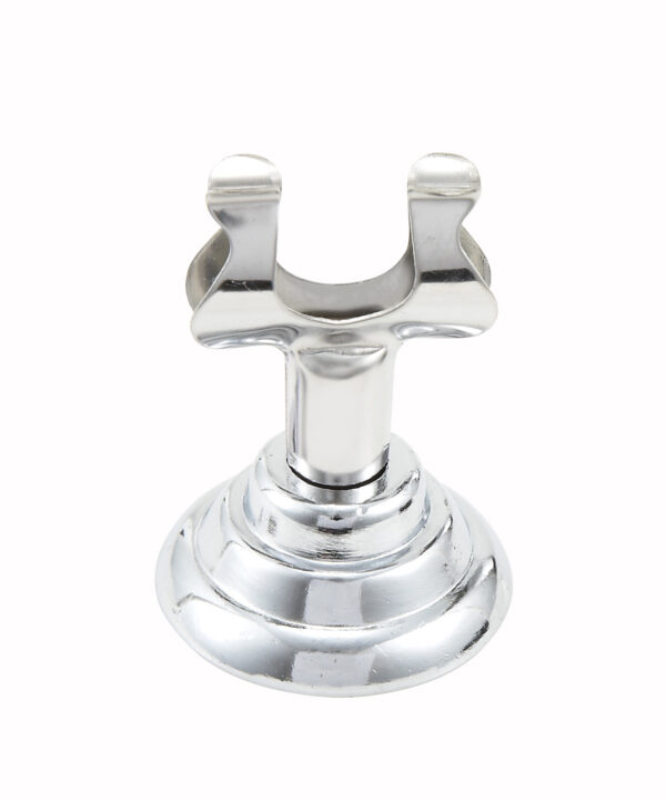 Winco MH-1 harp clip menu holder in stainless steel, front view on heavy cast base