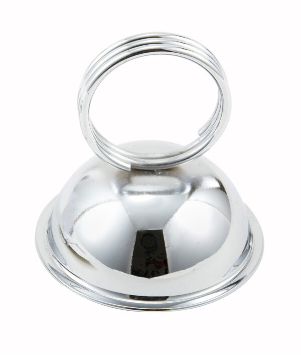 Winco MH-2 ring-type menu and card holder in polished stainless steel, front view