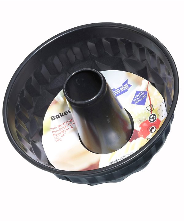 Winco NTHM-8 Turk head mold in black non-stick carbon steel, fluted turban shape, top angle view
