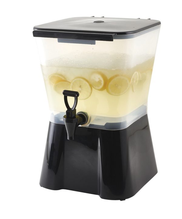 Winco PBD-3SK square 3-gallon beverage dispenser, clear container with black base and faucet, front view