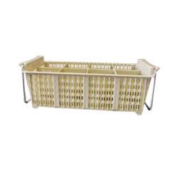 Winco PCB-8 8-compartment cutlery dishwasher basket in tan polypropylene, angled view