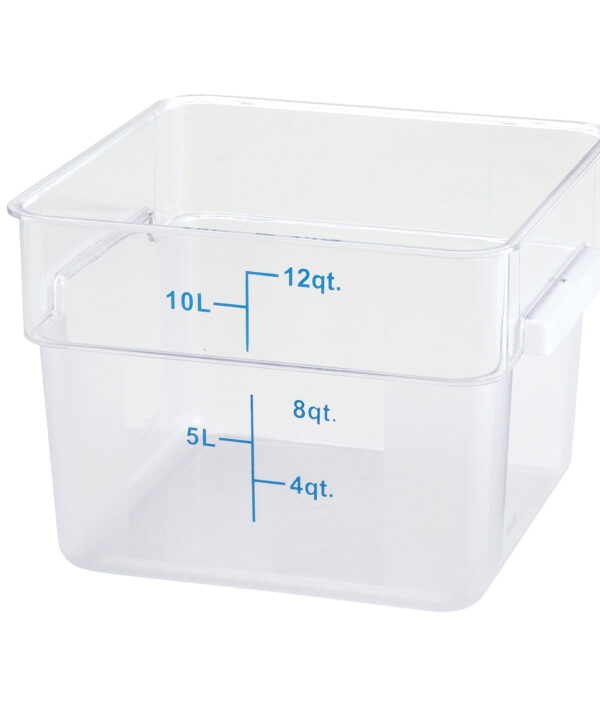 Winco PCSC-12C 12 qt. square food storage container in clear polycarbonate, front view