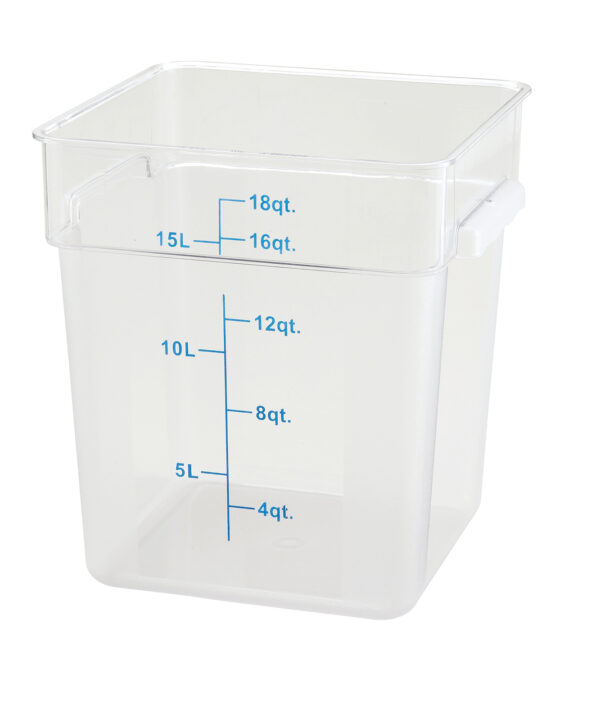 Winco PCSC-18C 18 qt square food storage container in clear polycarbonate, front view