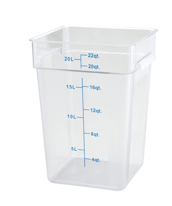 Winco PCSC-22C 22 qt. square food storage container in clear polycarbonate, front view