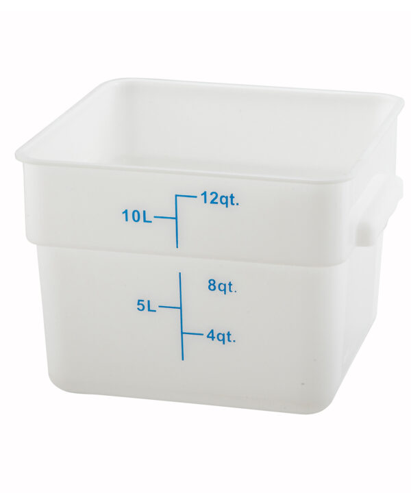Winco PESC-12 12 qt. square food storage container in white, front view
