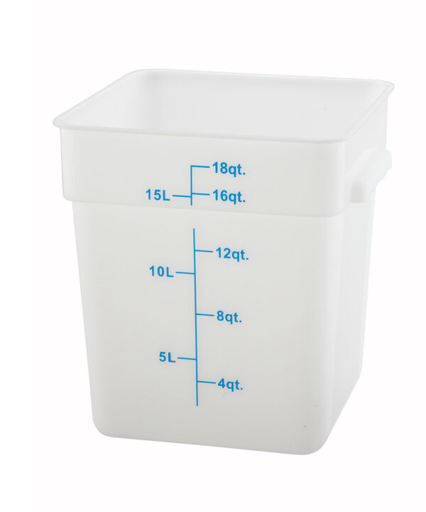 Winco PESC-18 18 qt. square food storage container in white polypropylene, front view