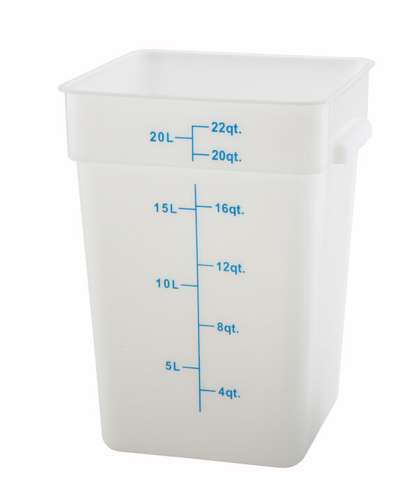Winco PESC-22 22 qt. square food storage container in white polypropylene, front view