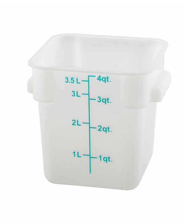 Winco PESC-4 4 qt. square food storage container in white polypropylene, front view