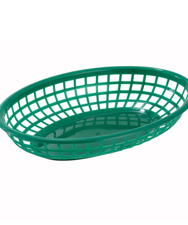 Winco PFB-10G oval fast food basket in green poly plastic, top angled view